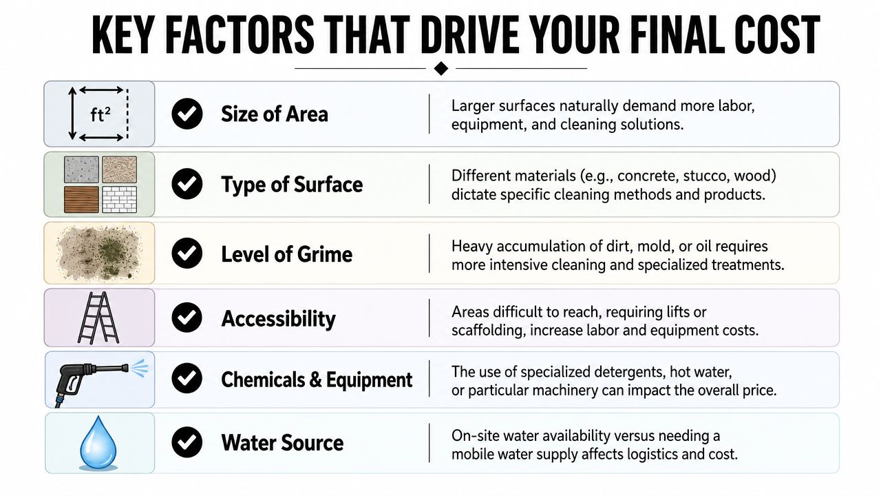 An infographic detailing six key factors influencing the final cost of commercial pressure washing services.
