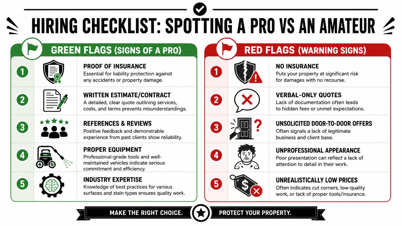 A hiring checklist graphic comparing green flag professional qualities versus red flag amateur warning signs for contractors.