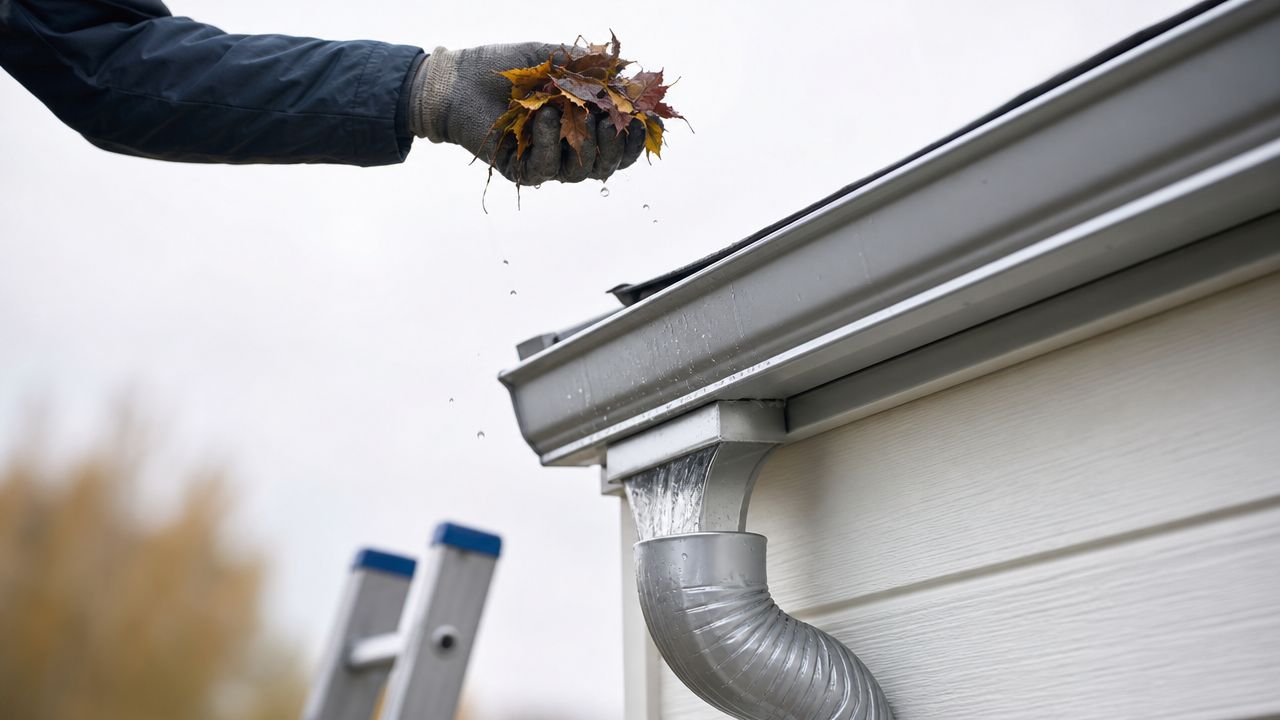 A person wearing gloves removing autumn leaves from a gutter during commercial property maintenance.