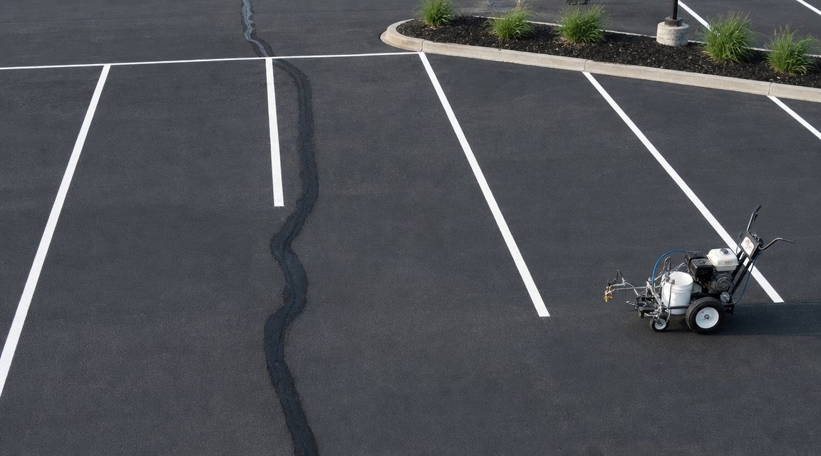An asphalt parking lot undergoing maintenance with a crack sealant machine and fresh white parking stripes.