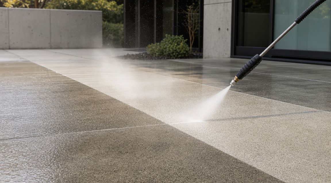 A pressure washer cleaning a dirty concrete patio surface at a modern commercial property.