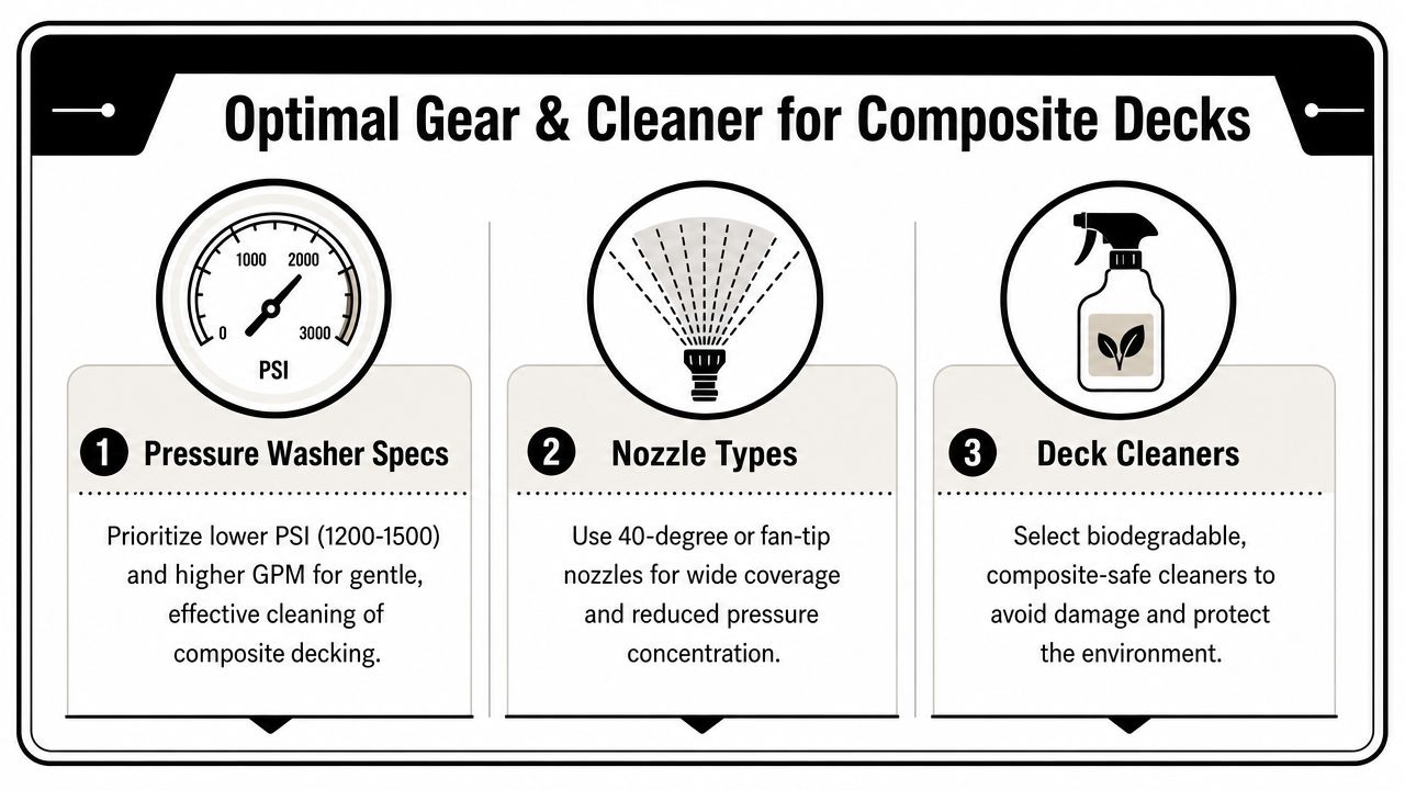 An infographic detailing the best equipment and cleaners for safe composite deck pressure washing.