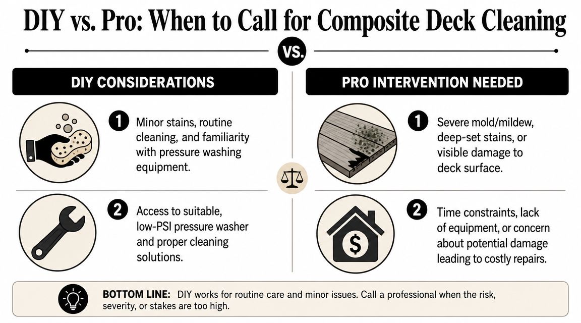 A comparative infographic outlining when to choose DIY methods versus professional services for cleaning composite decking.