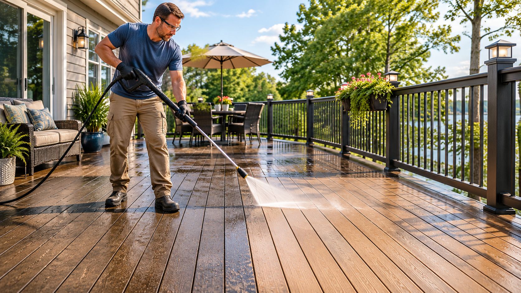 A man wearing protective gear uses a pressure washer to clean a large brown composite deck.
