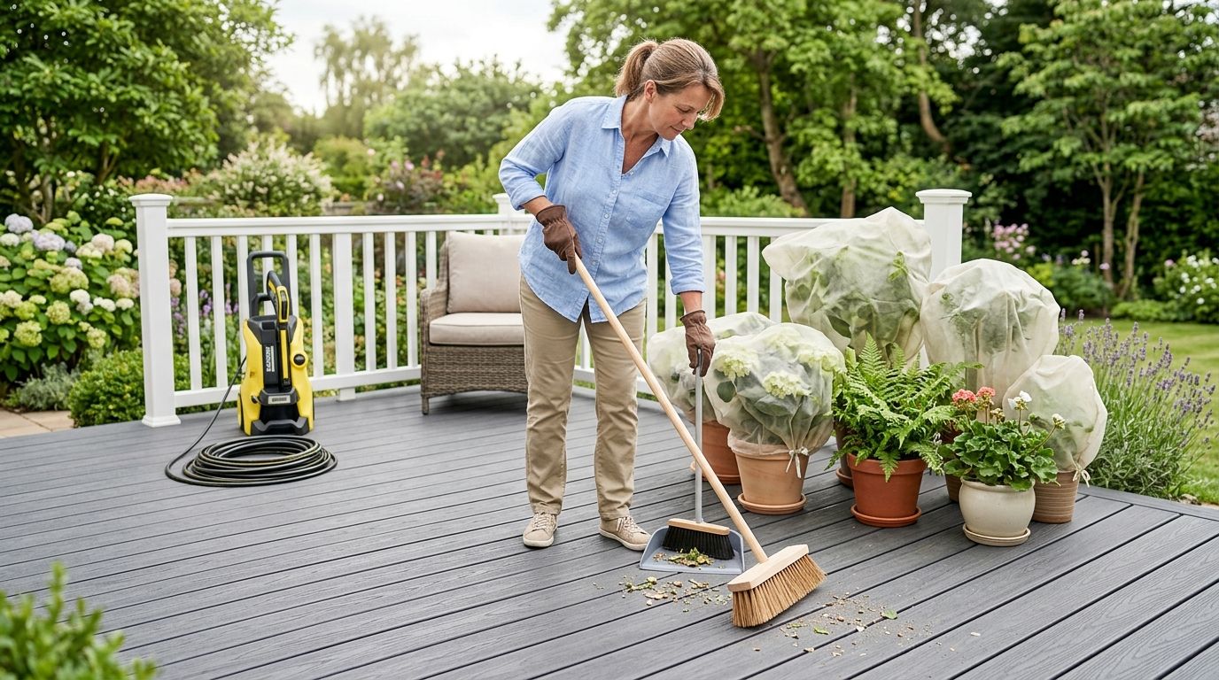 A woman sweeping debris from a gray composite deck with a broom and dustpan near potted plants.