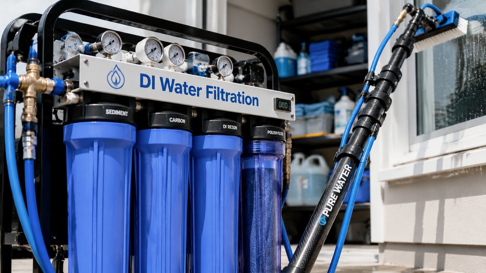 A professional deionized water filtration system for window cleaning with multiple filters and an extended cleaning pole.