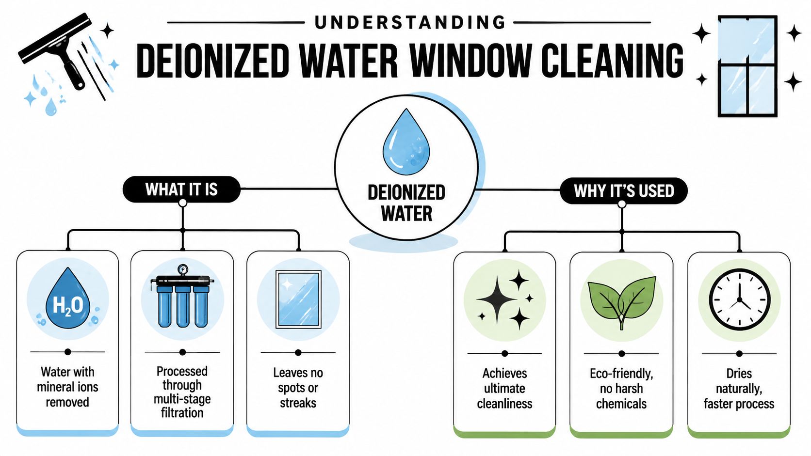 An infographic explaining the benefits and process of using deionized water for professional window cleaning services.
