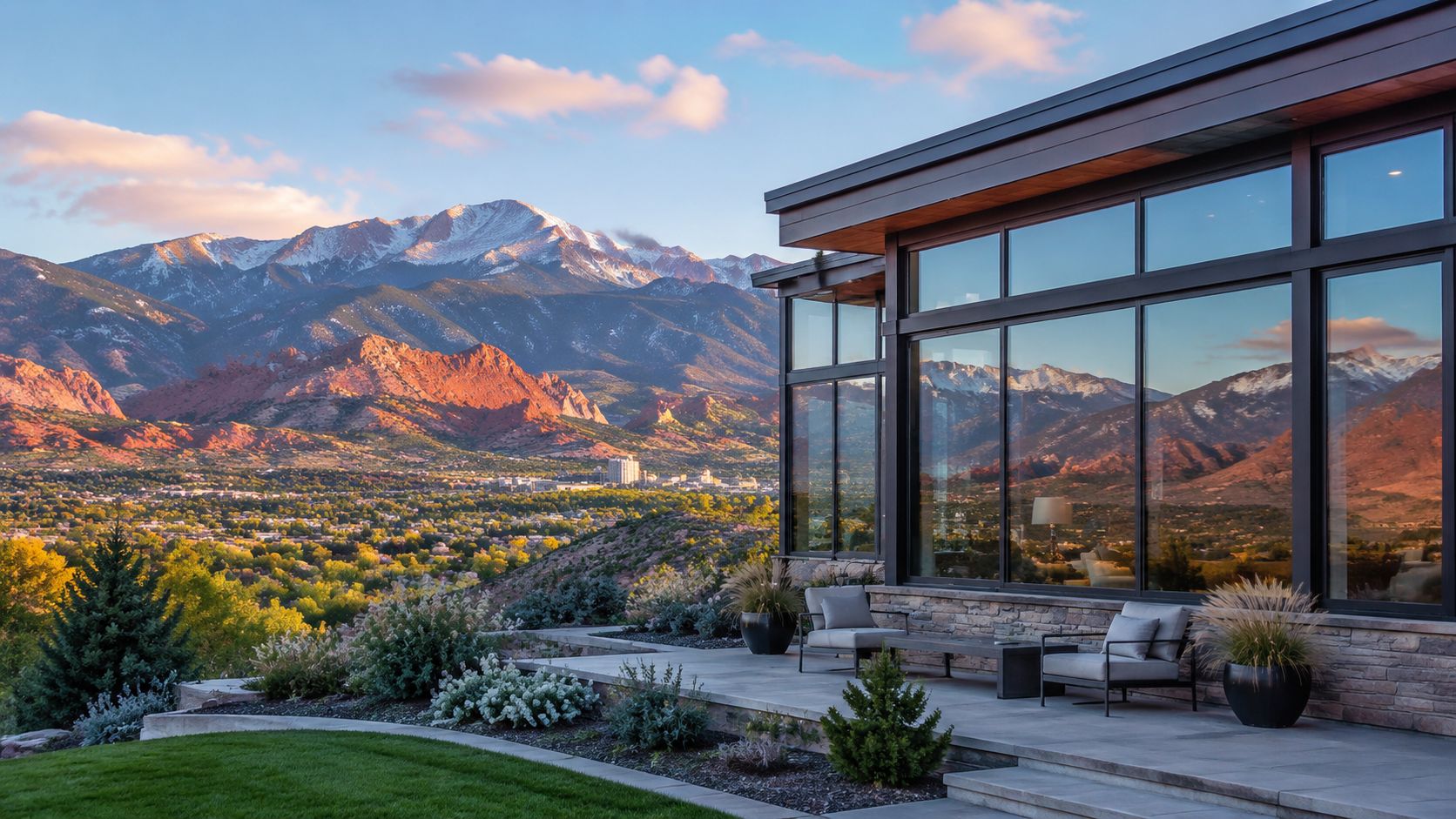 A modern luxury home patio overlooking a scenic mountain range and city valley at sunset.