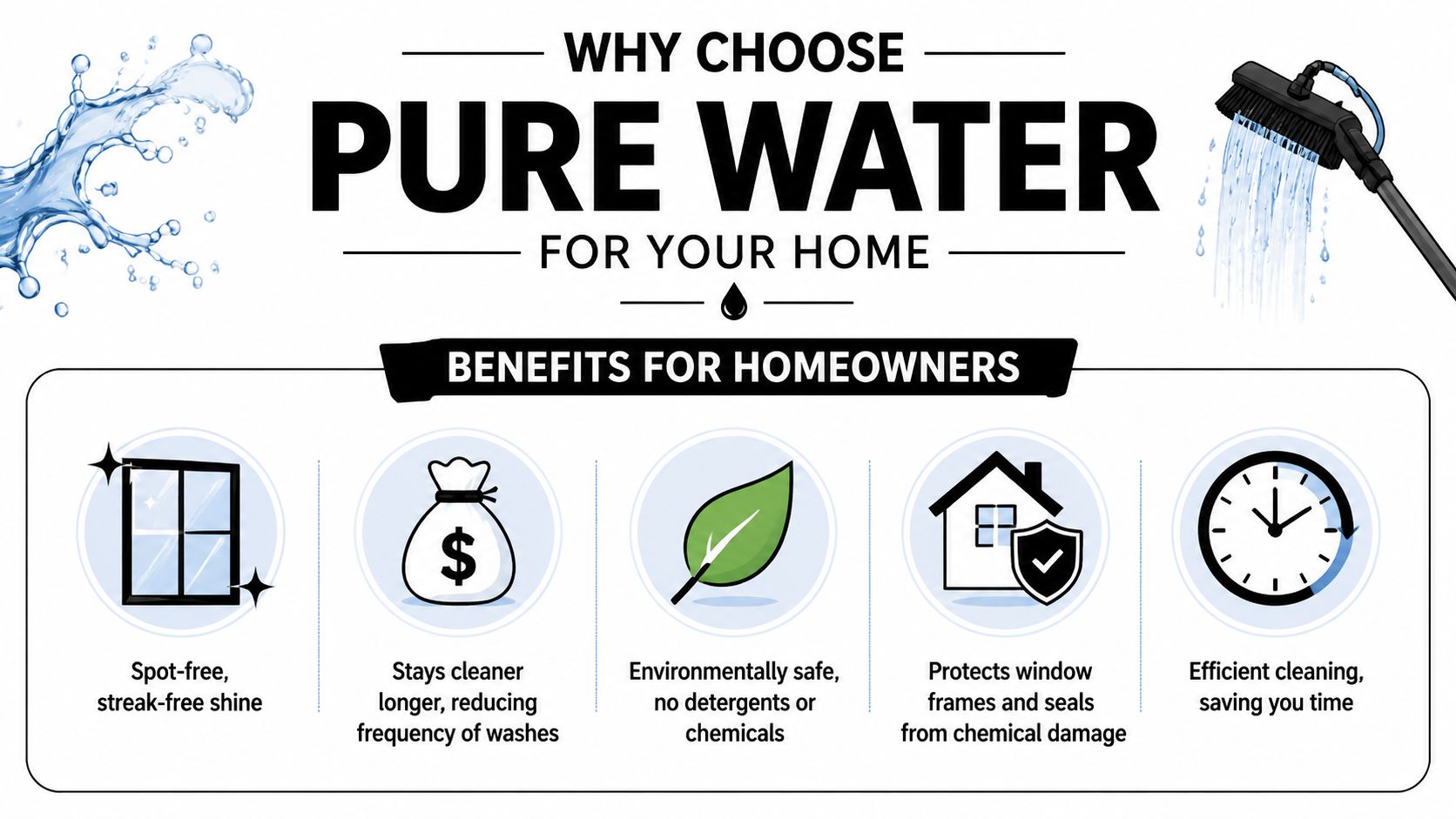 An infographic detailing the benefits of using pure water for residential window cleaning and maintenance.