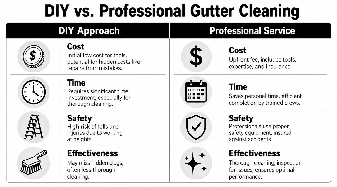 A comparison chart outlining the pros and cons of DIY versus professional gutter cleaning services.