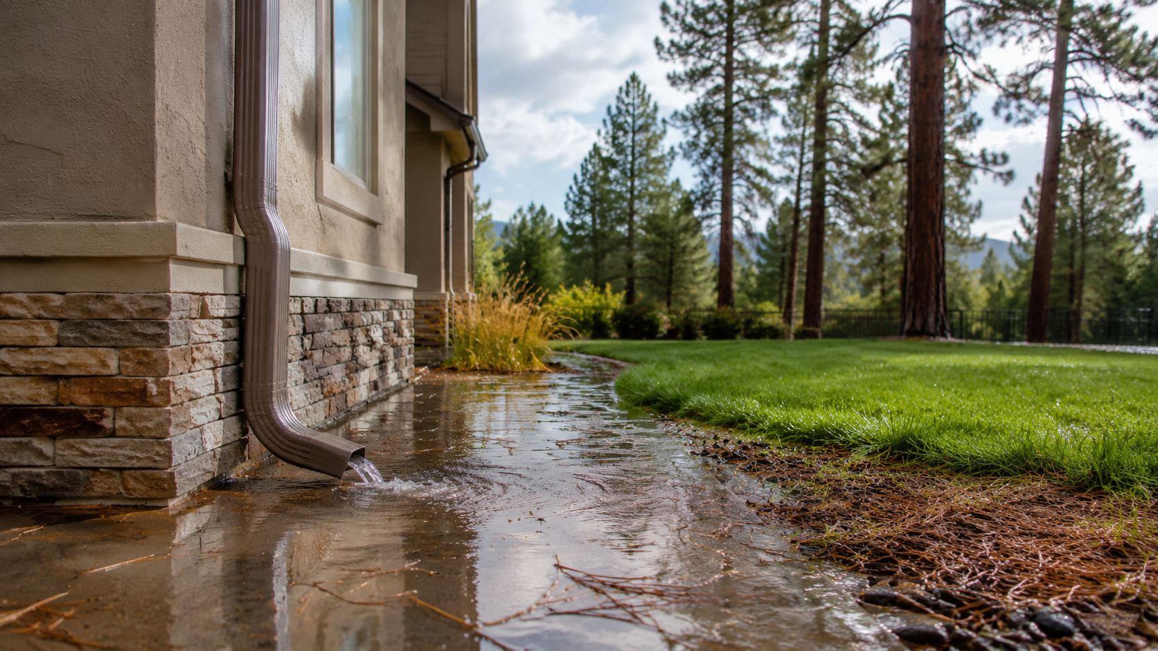 A gutter downspout draining rainwater onto a wet stone walkway next to a residential house exterior.
