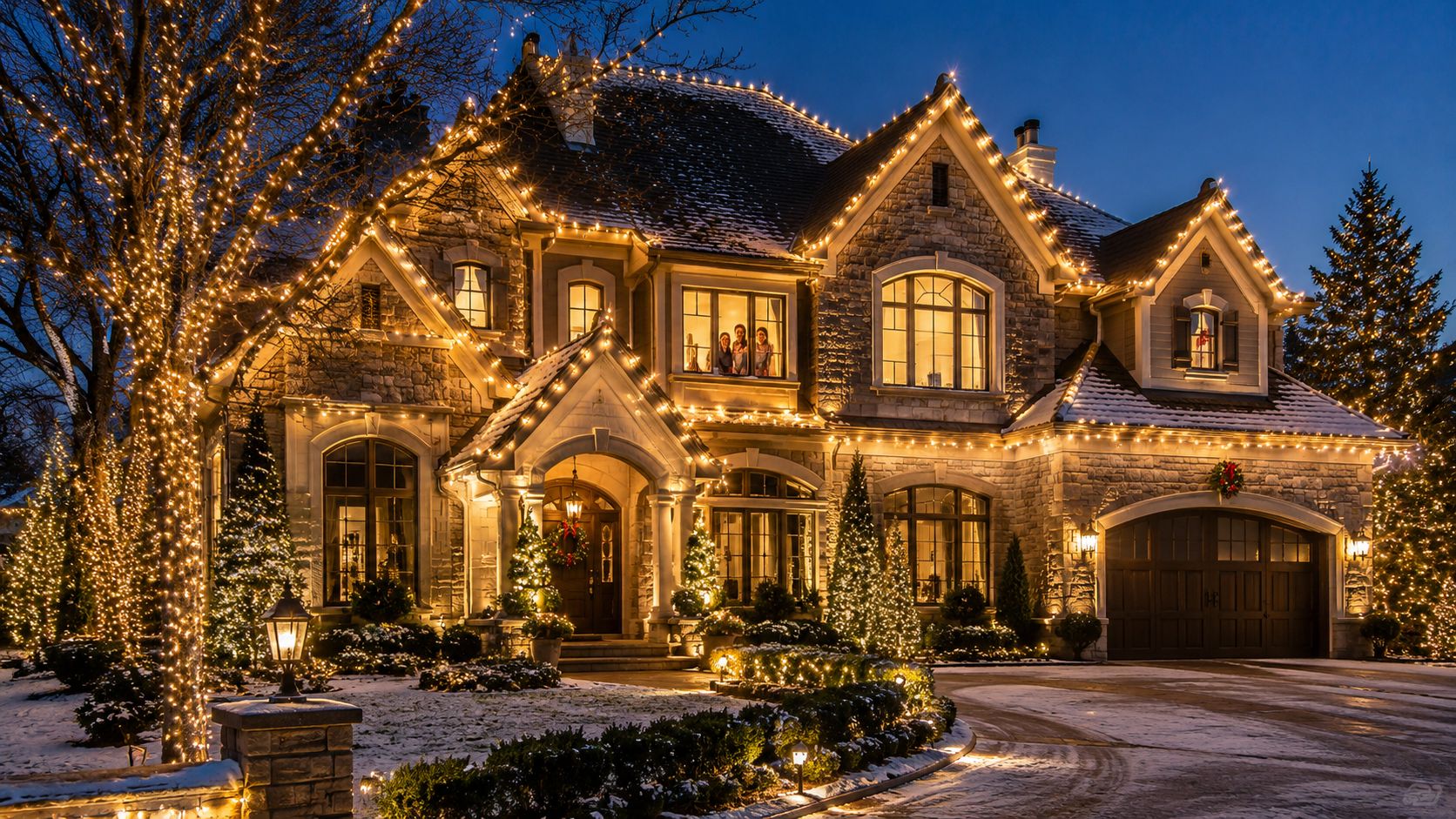 A luxurious stone mansion elegantly decorated with warm Christmas lights against a beautiful evening sky.
