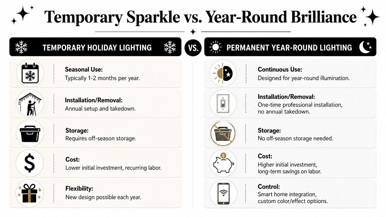 A comparison chart showing the differences between temporary holiday lighting and permanent year-round lighting installation services.