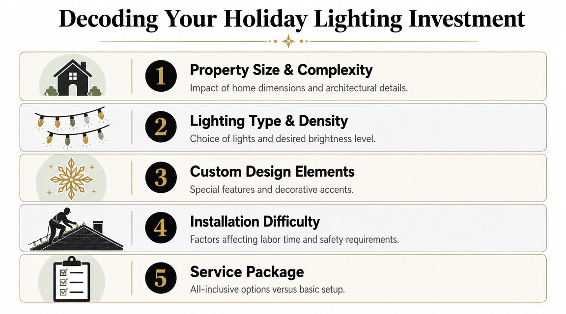 A five-point infographic titled Decoding Your Holiday Lighting Investment explaining factors affecting professional holiday lighting installation costs.