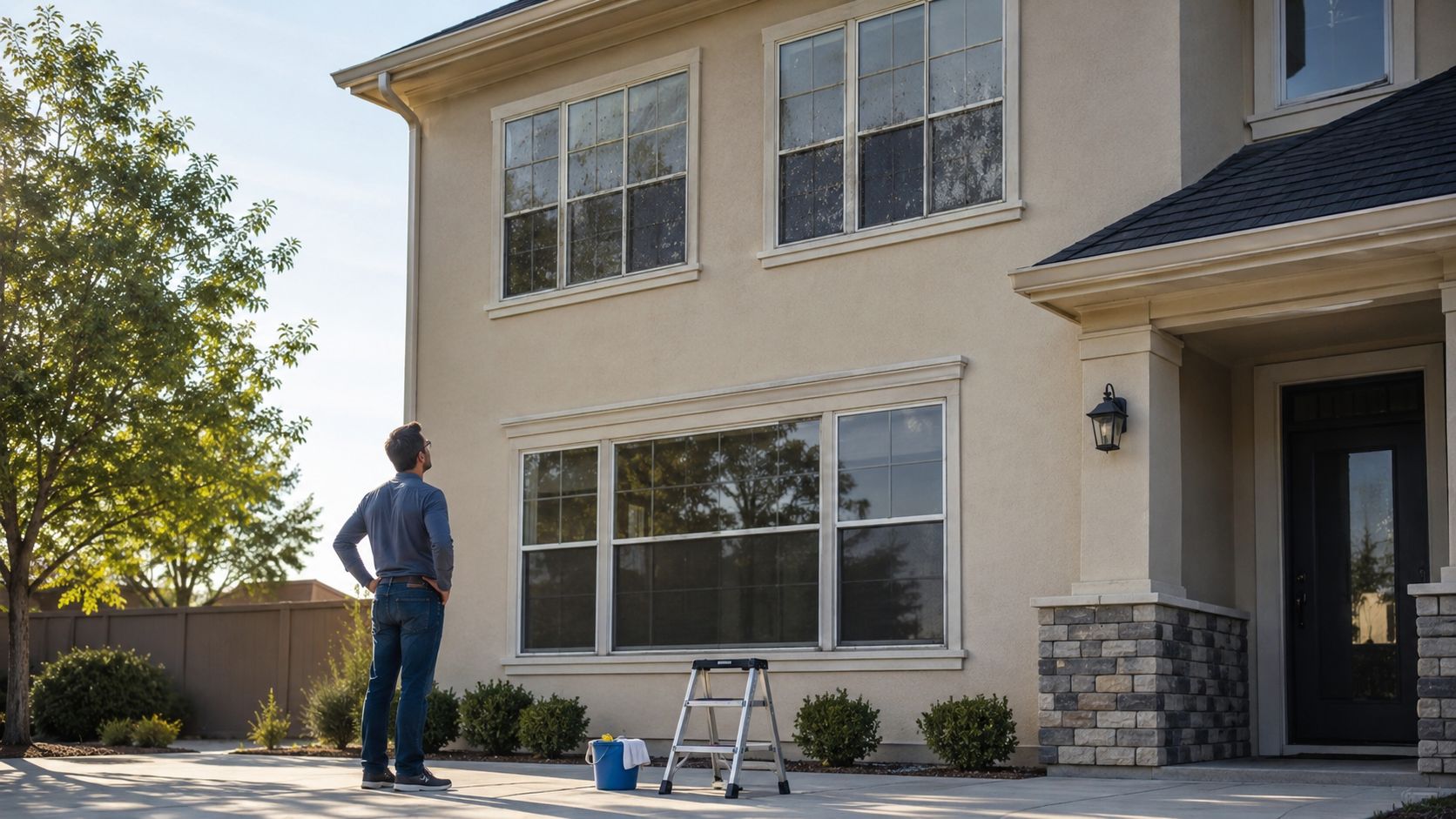 A man stands in front of a two-story suburban house preparing to clean the windows.