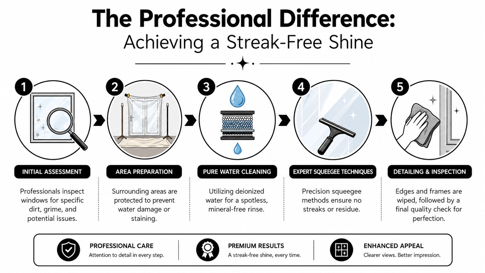 A five-step infographic showing professional window cleaning techniques for achieving a streak-free shine on glass surfaces.