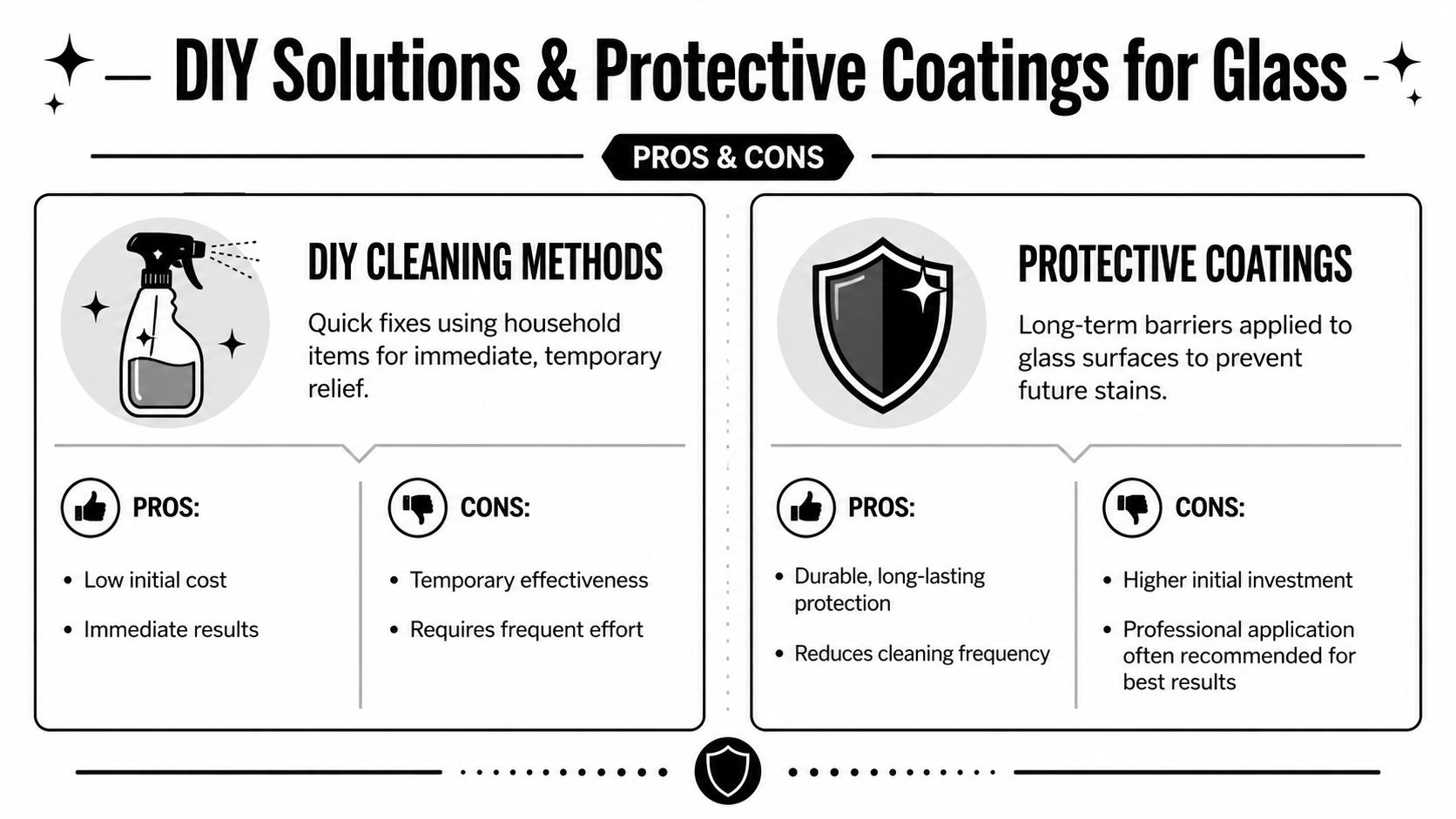 A comparison chart showing pros and cons of DIY cleaning methods versus protective coatings for glass surfaces.