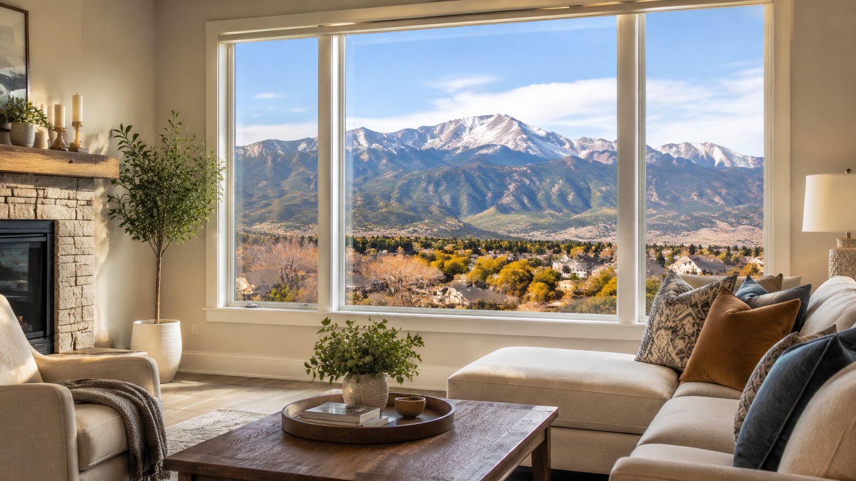 A cozy living room with a large window offering a scenic mountain view and fireplace.