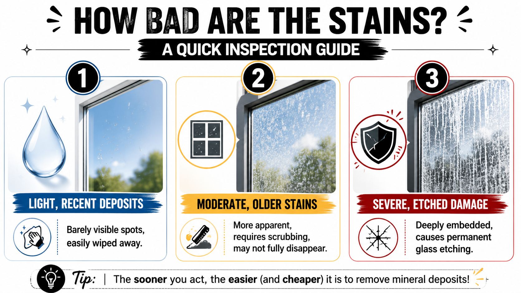 A visual guide showing three stages of mineral deposits on glass windows, from light to severe damage.