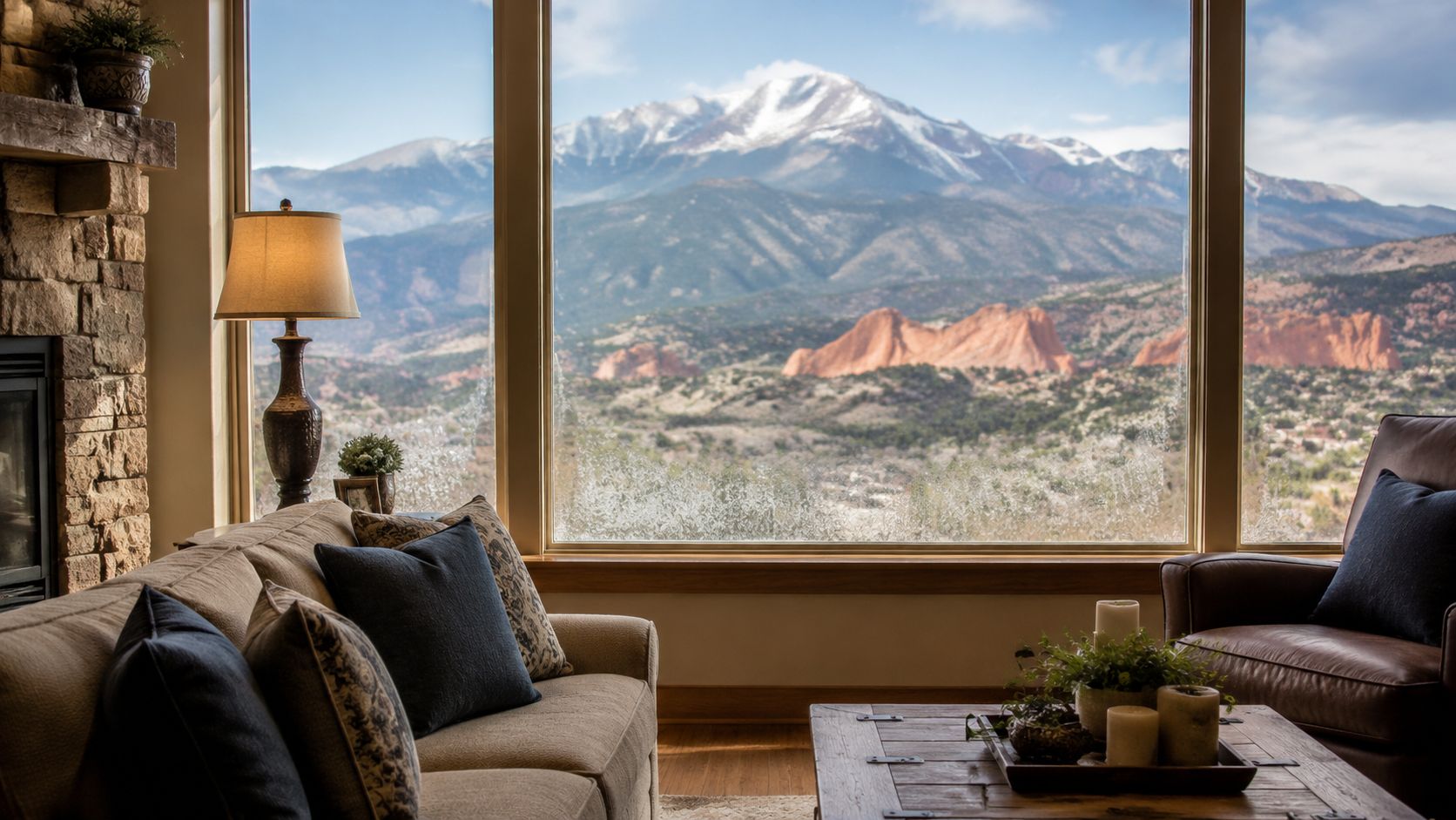 A cozy living room with a large window displaying a mountain view and mineral deposits on glass.