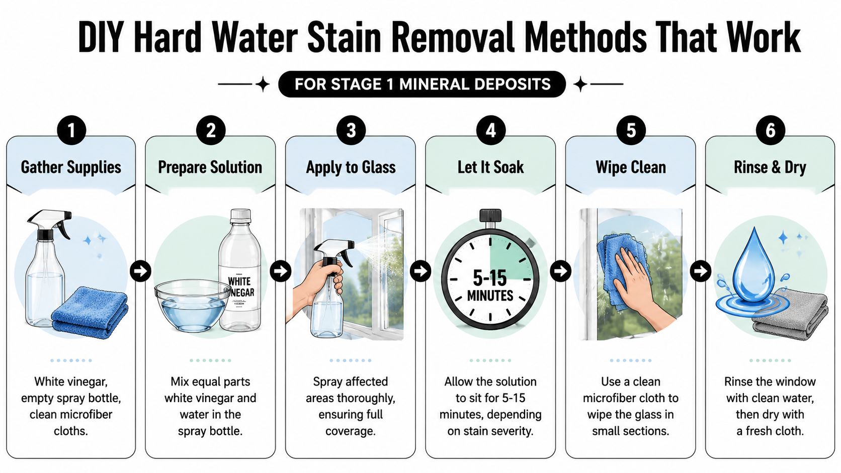 A six-step infographic showing how to remove light mineral deposits on glass using white vinegar and water.