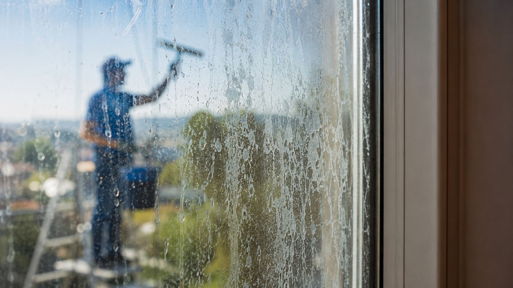 A professional window cleaner works on an exterior window with visible streaks and mineral deposits on glass.