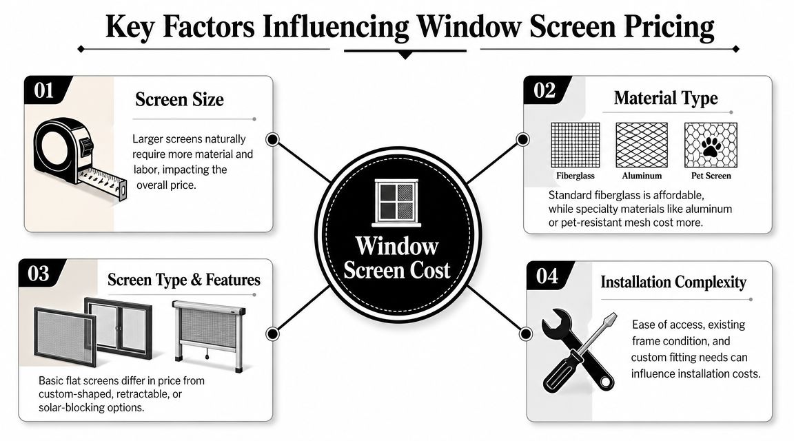 An infographic showing four key factors that influence the overall cost of window screen installation projects.
