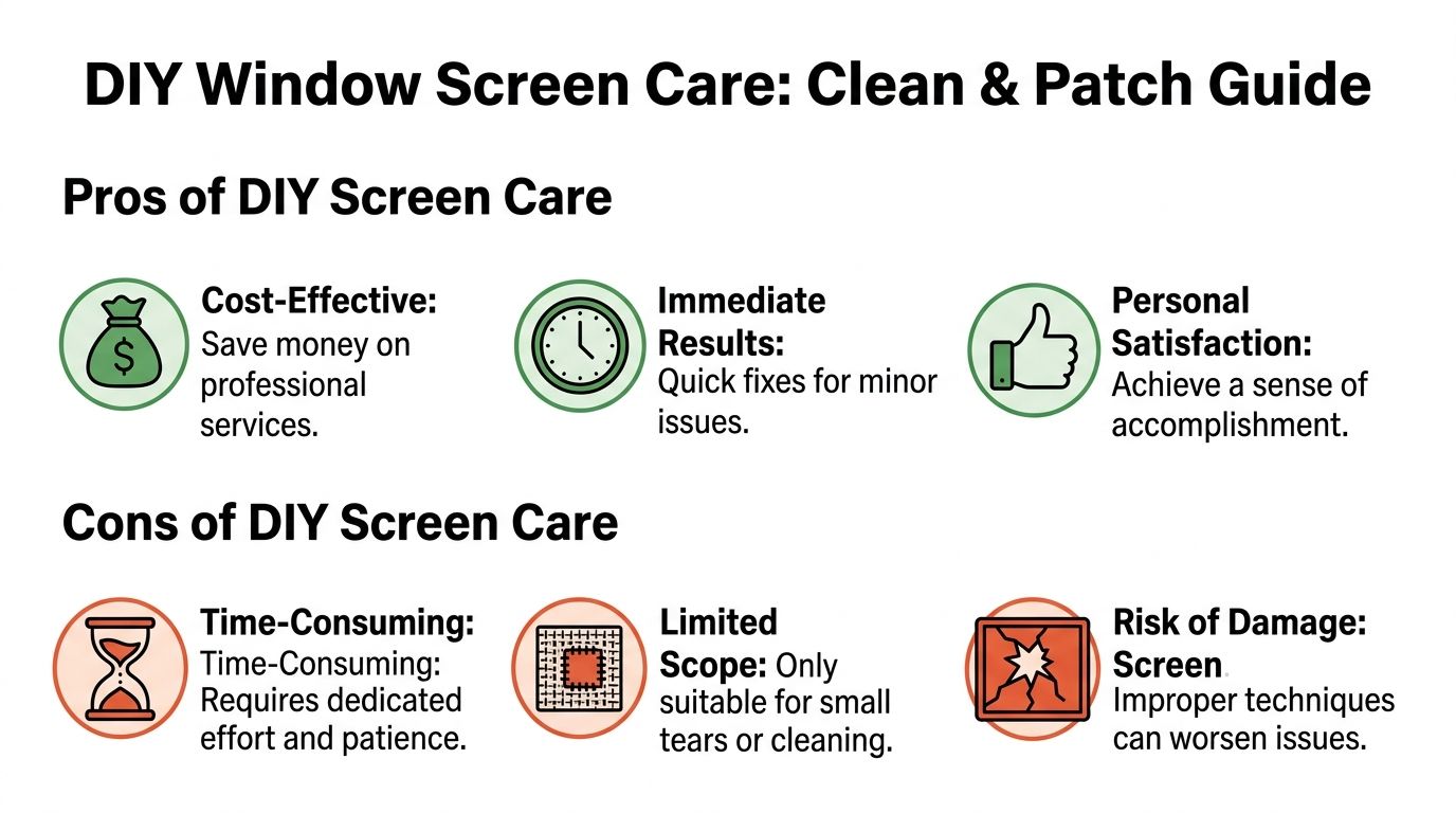 An infographic titled DIY Window Screen Care showing the pros and cons of repairing screens yourself.
