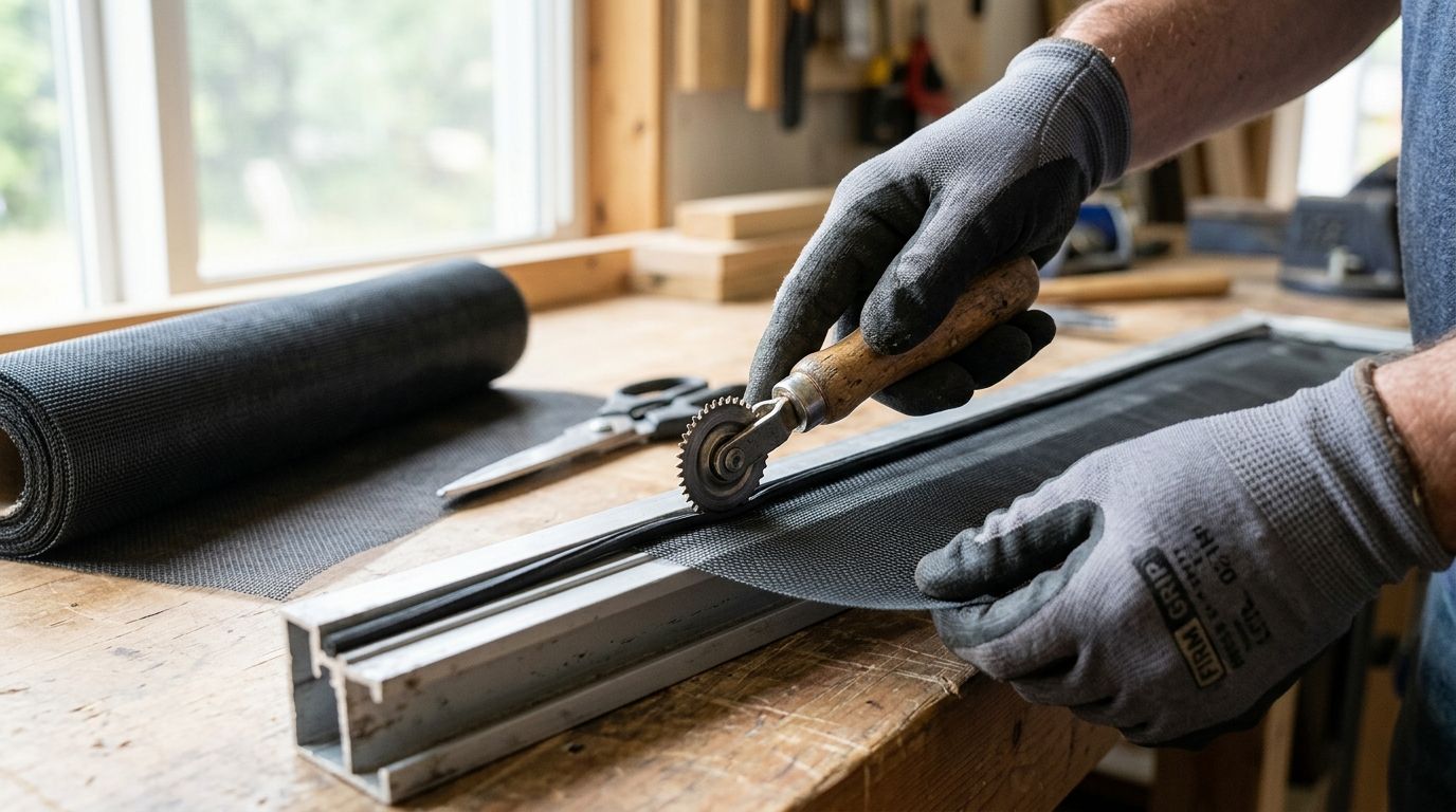 A craftsman wearing gloves uses a spline roller tool to install new mesh onto an old window screen frame.