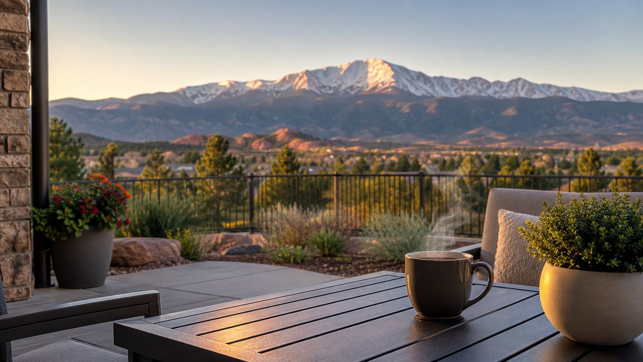 A cozy patio table with a steaming cup of coffee overlooking a scenic mountain range at sunset.