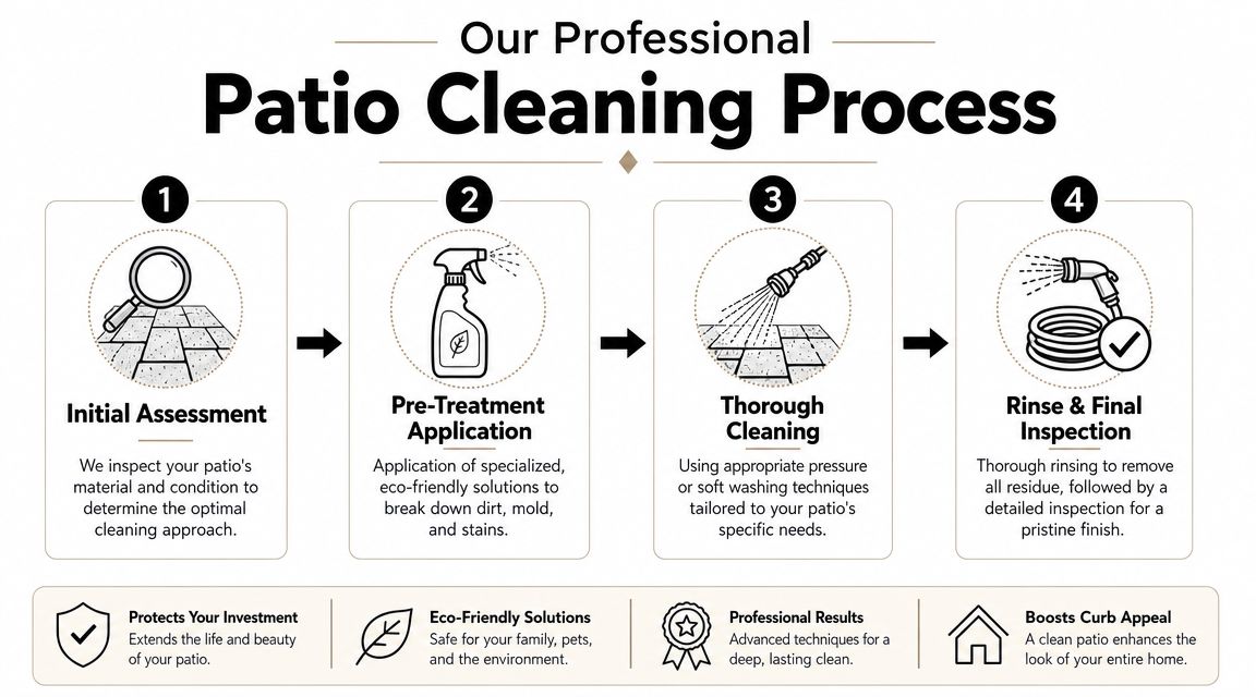 A four-step infographic illustrating a professional patio cleaning process from initial assessment to final inspection.