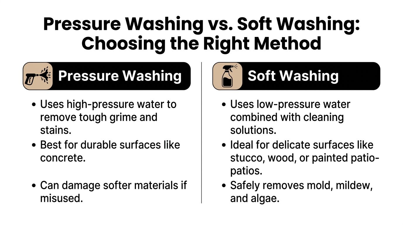 A comparison infographic explaining the differences between pressure washing and soft washing methods for cleaning surfaces.