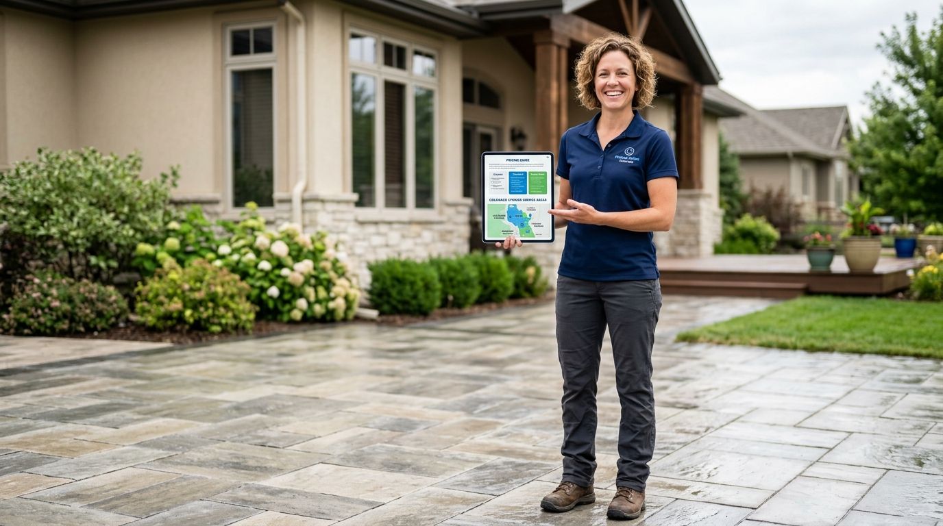 A professional woman in uniform holds a tablet showing lawn care service information outside a house.