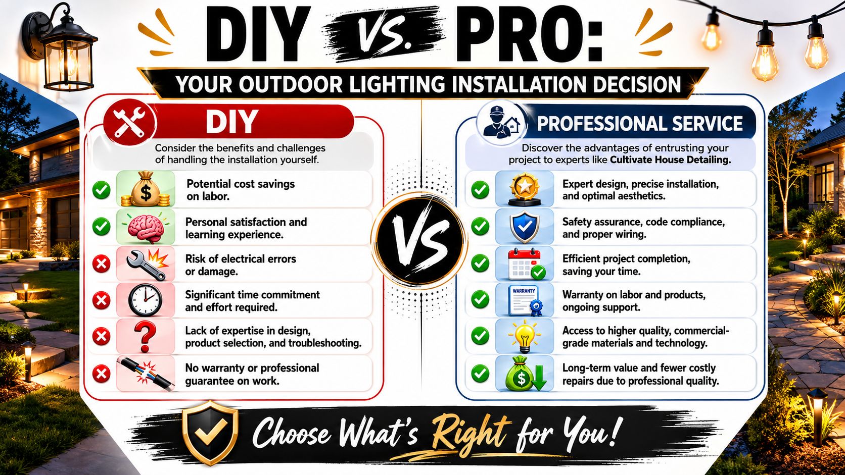 A comparison infographic between DIY and professional outdoor lighting installation services with pros and cons listed.