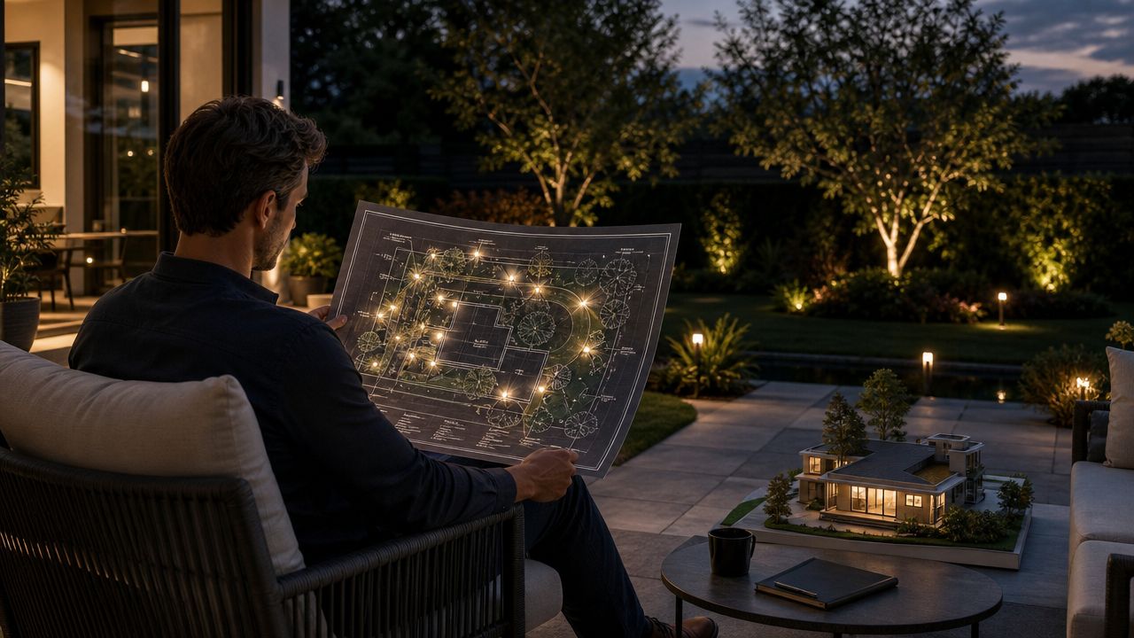 A man sits on a patio at dusk, reviewing a landscape design blueprint for outdoor lighting installation.