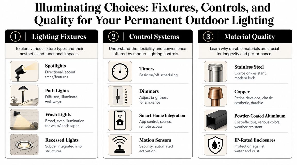 An infographic titled Illuminating Choices detailing various outdoor lighting fixtures, control systems, and material quality options.
