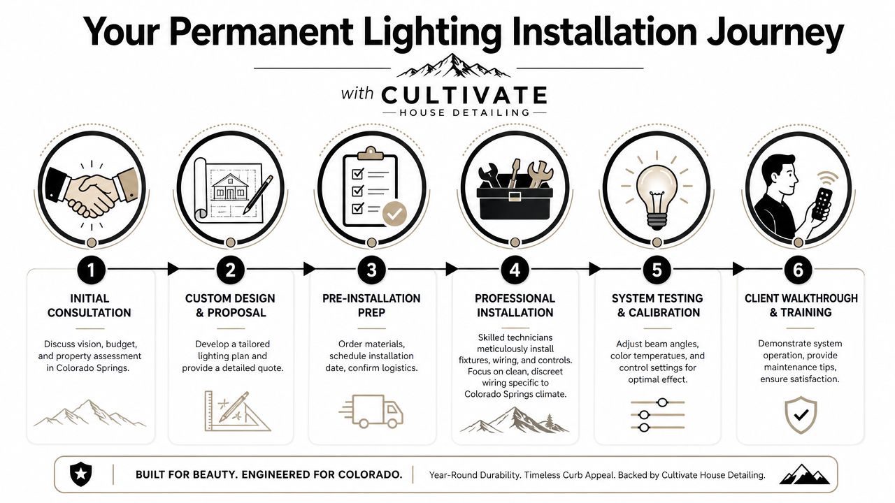 A six-step infographic detailing the professional permanent outdoor lighting installation journey by Cultivate House Detailing.
