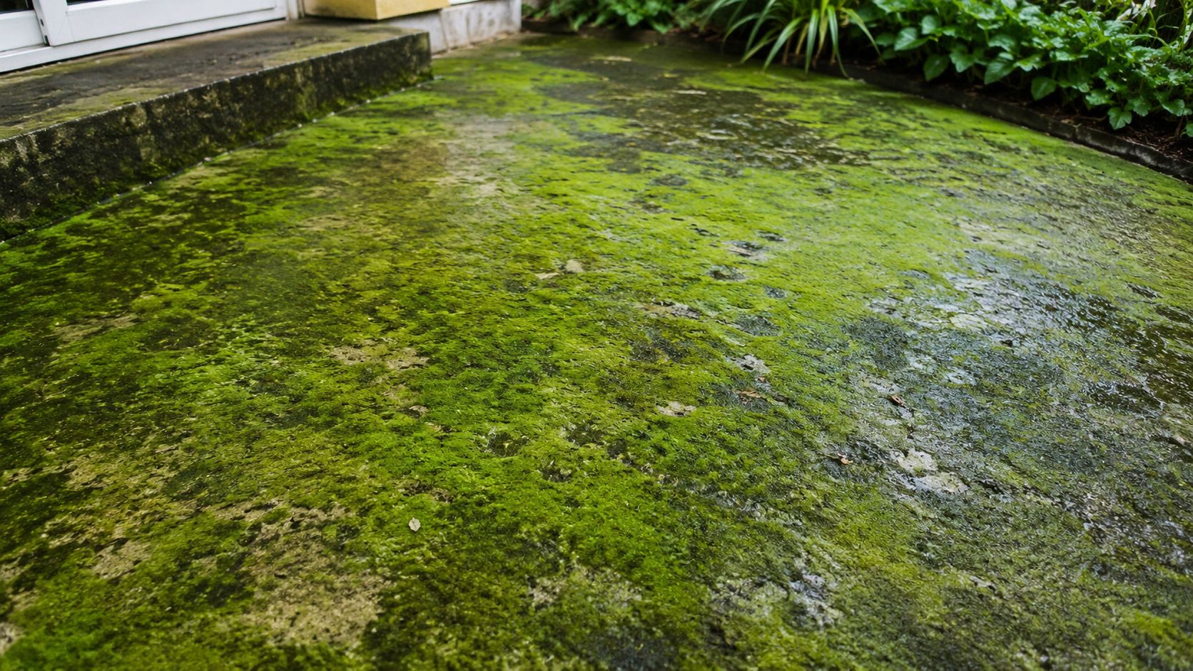A concrete patio surface heavily covered in thick green moss needing a deep professional pressure wash cleaning.