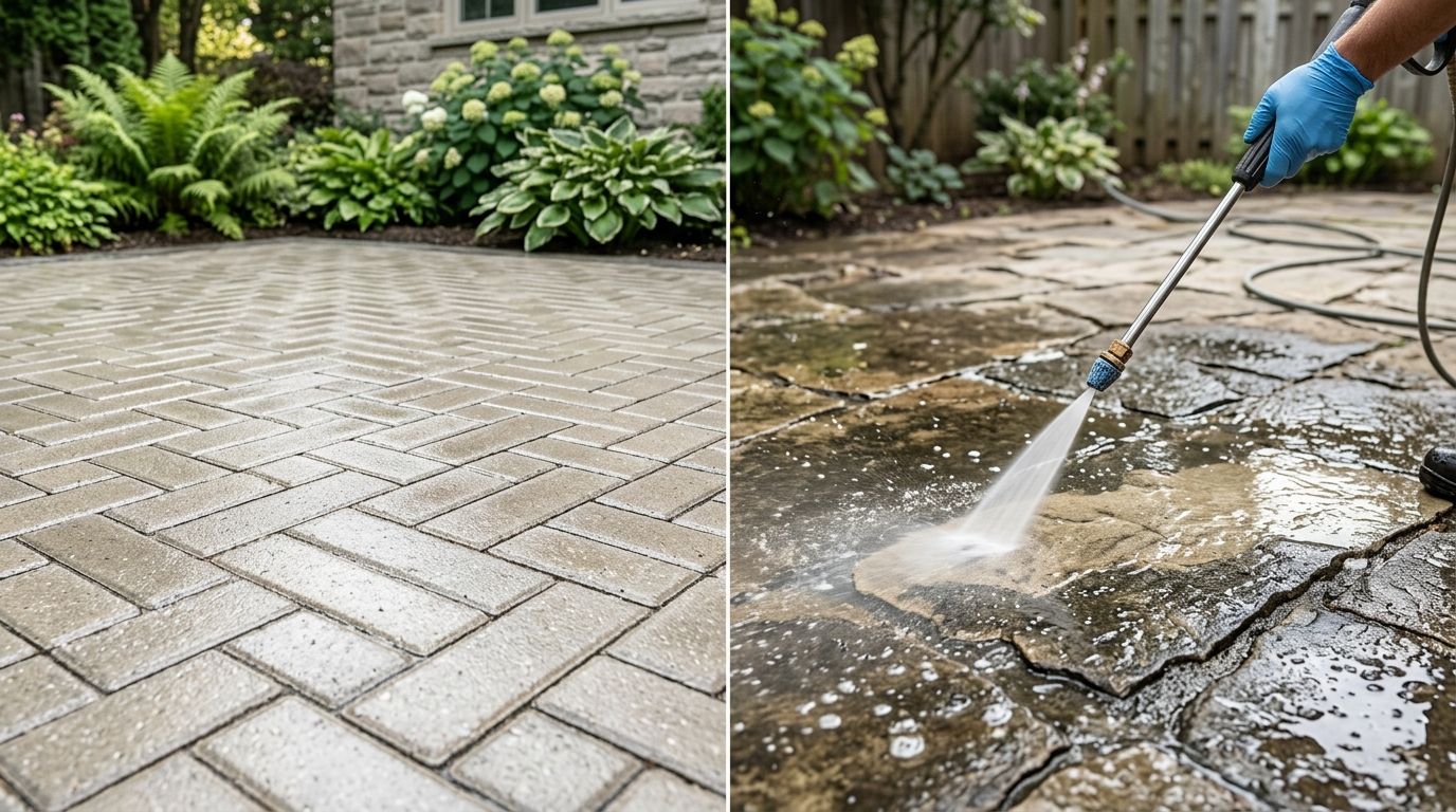 A split screen image showing a clean herringbone paver patio and a person power washing mossy stone.