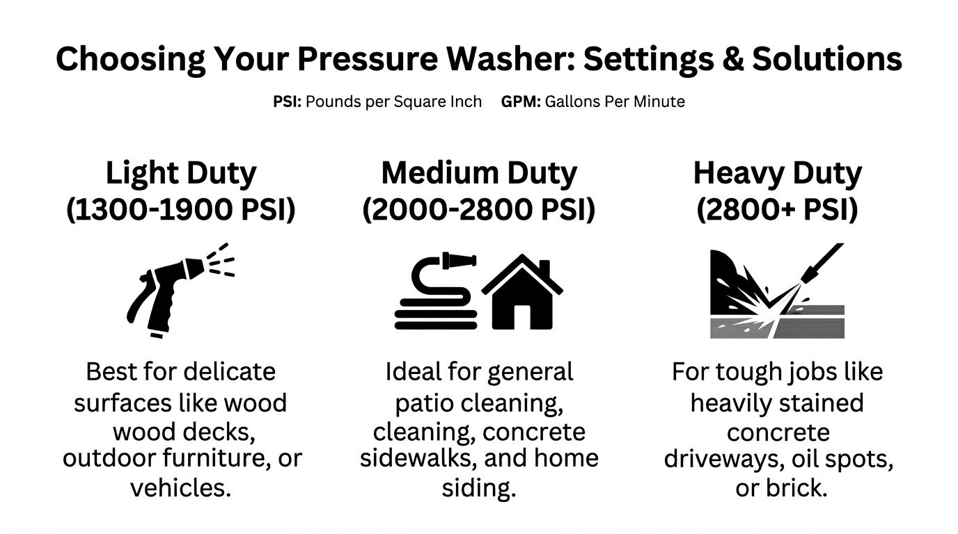 A guide for choosing pressure washer settings and power levels based on the specific cleaning task.