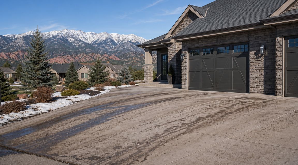 A clean concrete driveway with clean streaks visible after being pressure washed in front of a suburban home.