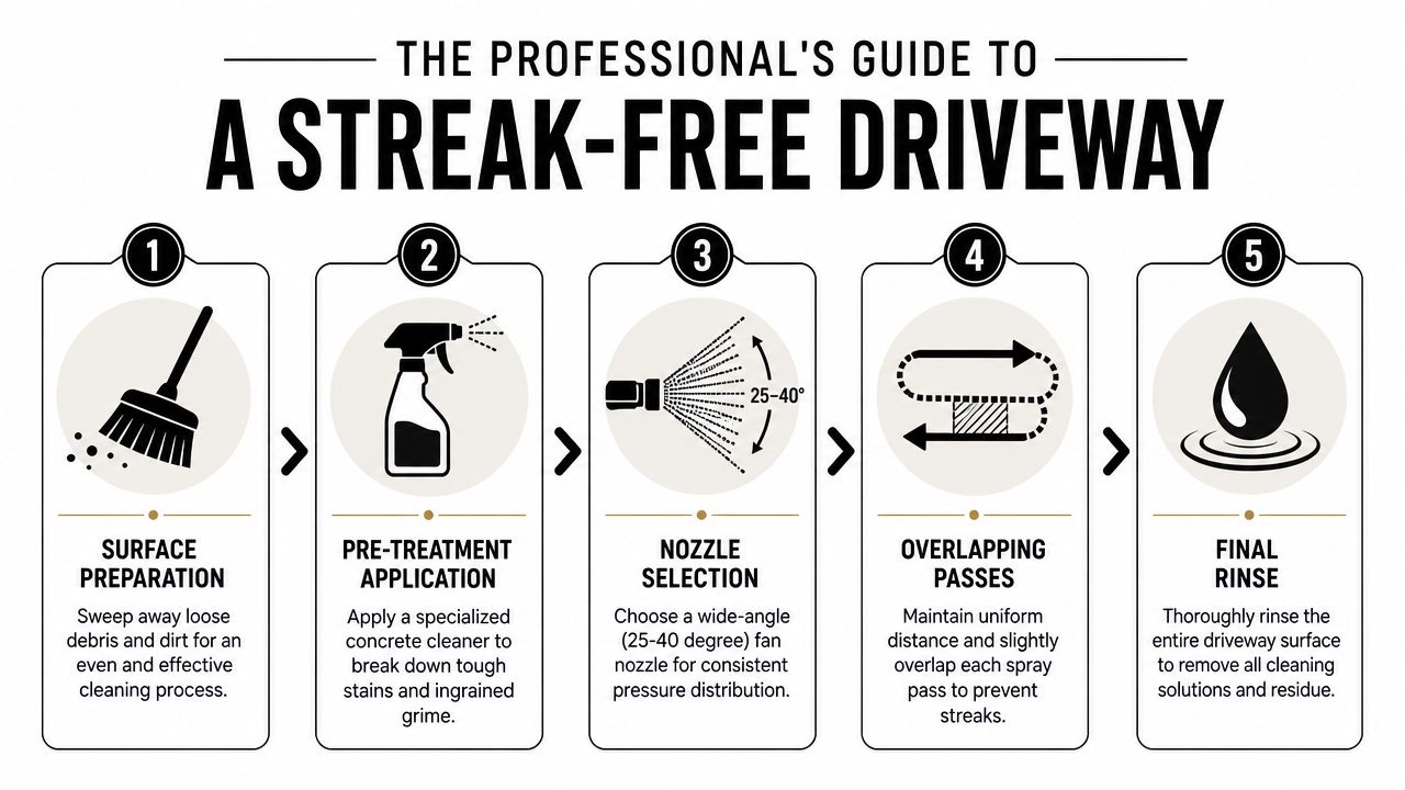A five-step professional guide infographic showing how to properly pressure wash and clean a concrete driveway.