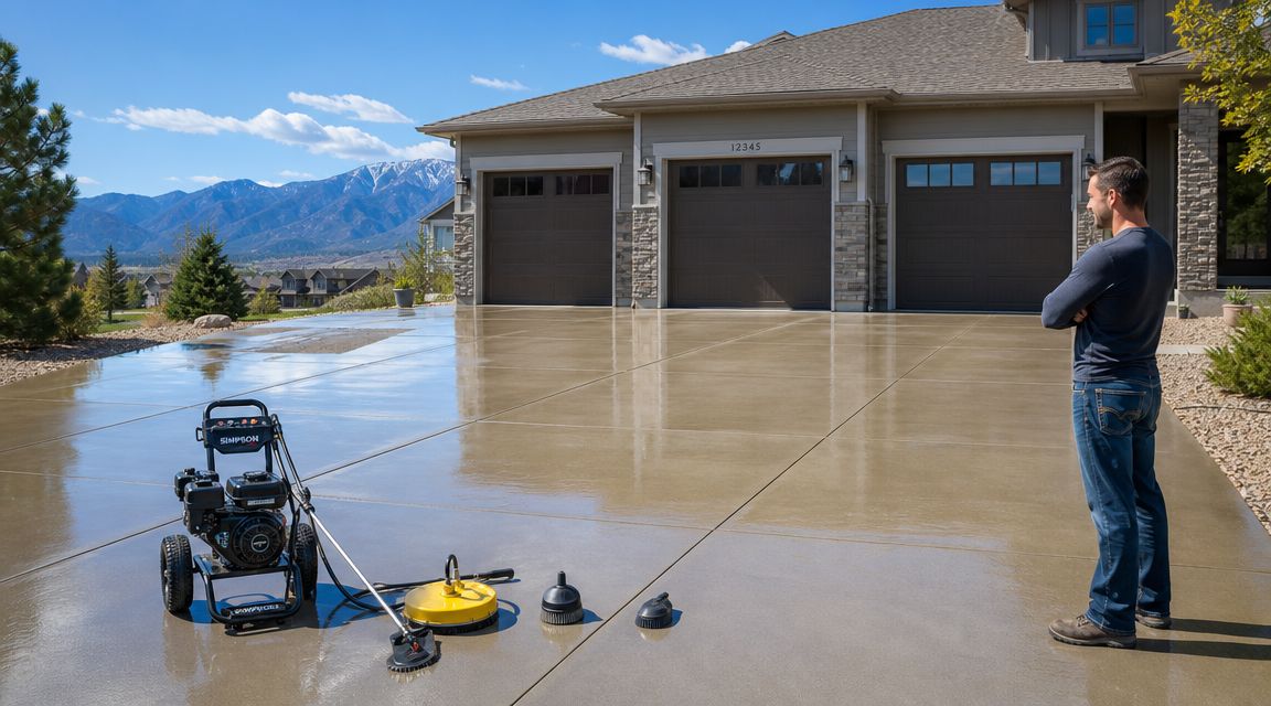 A man standing in his clean driveway next to a Simpson pressure washer and surface cleaner attachments.