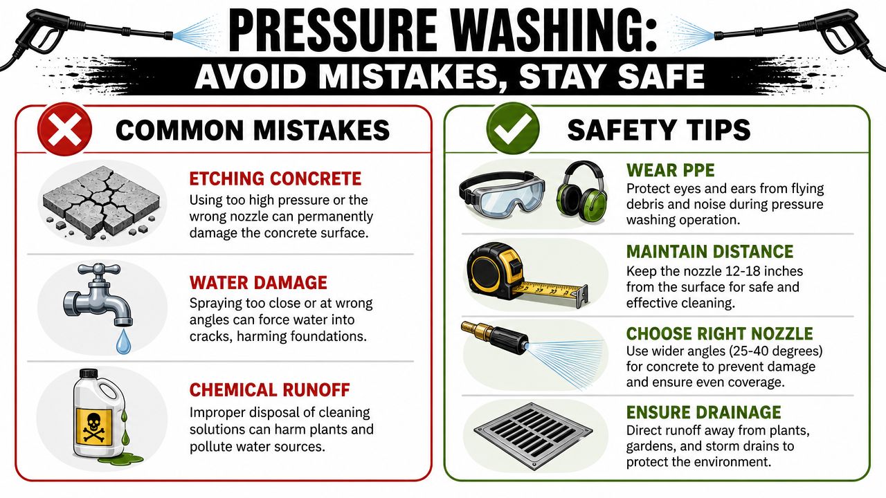 An infographic detailing common pressure washing mistakes and essential safety tips for cleaning concrete surfaces effectively.