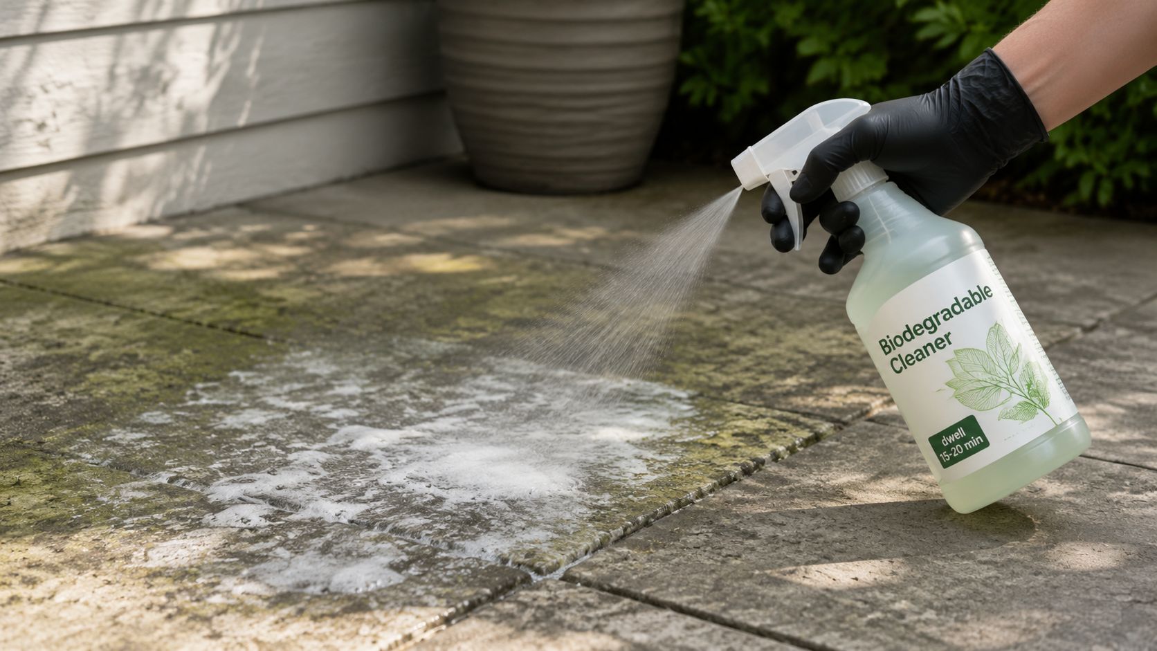 A person wearing black gloves spraying biodegradable cleaner onto a dirty stone patio surface.
