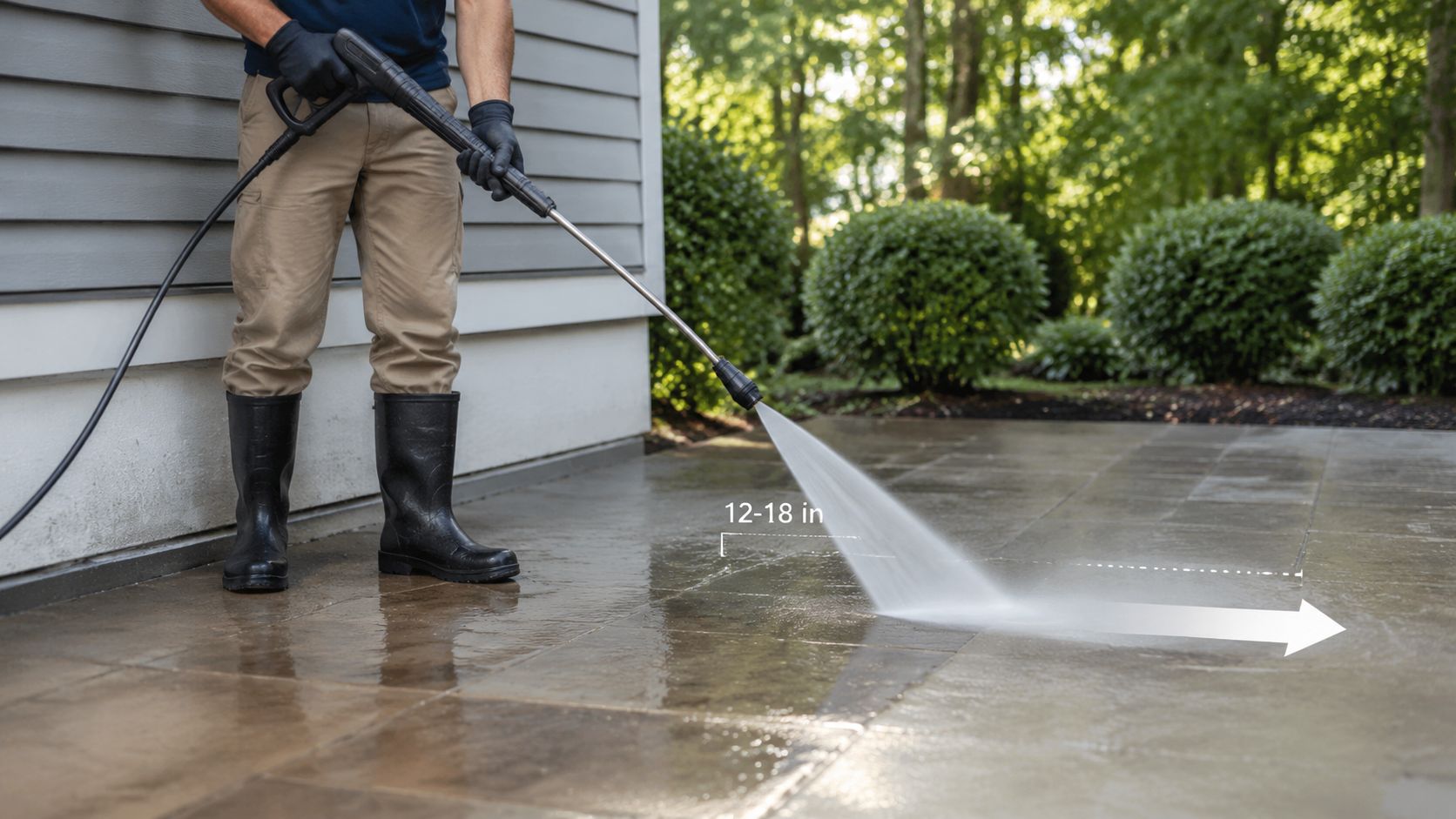 A person in waterproof boots and gloves using a pressure washer to clean a stone patio surface.