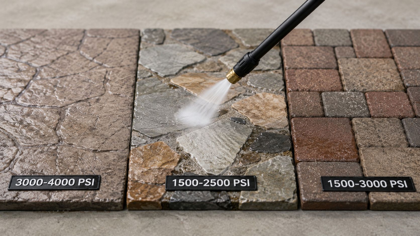 Close up of a pressure washer cleaning various types of stone and concrete patio surfaces.