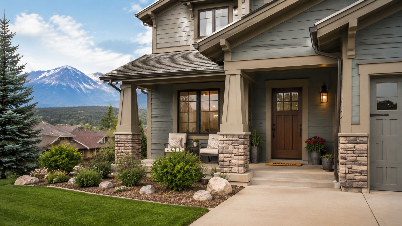 A modern home with a beautiful lawn, stone accents, and mountain views perfect for exterior home maintenance.