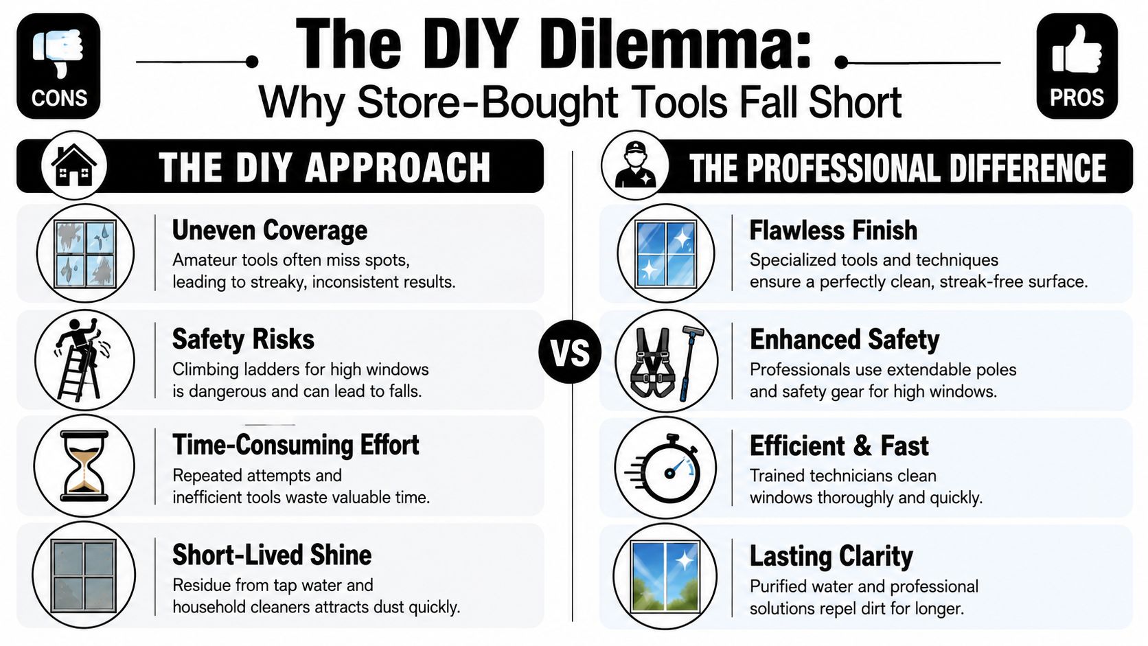 A comparison infographic showing why hiring professional window cleaners is better than using store-bought DIY tools.