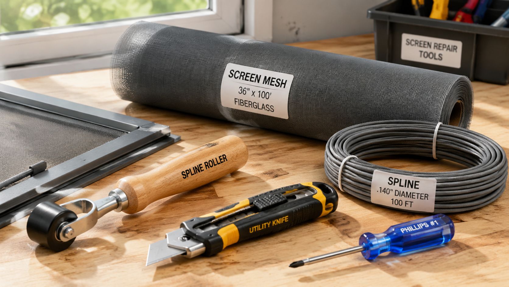 A wooden workbench holding screen repair supplies including screen mesh, a spline roller, utility knife, and spline.